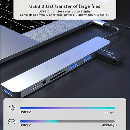 Multi-functional USB C hub with various ports for MacBook Pro/Air and USB C laptops.