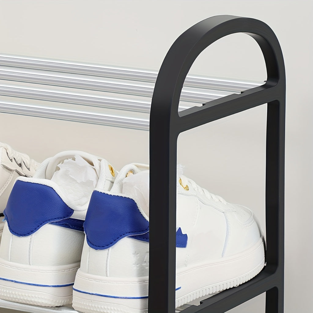 This stainless steel shoe rack features four tiers and is perfect for storing small shoes in entryways, hallways, and closets. The stackable design saves space, and the heavy-duty metal construction ensures durability. Ideal for organizing shoes in