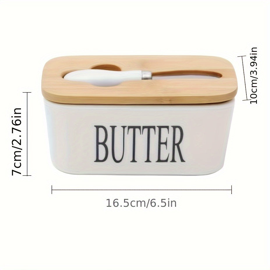 A complete set including a butter dish with a bamboo lid and butter knife, this large ceramic butter box is perfect for kitchen baking and gifting. It serves as an airtight butter keeper container for countertop or refrigerator storage. Ideal for home