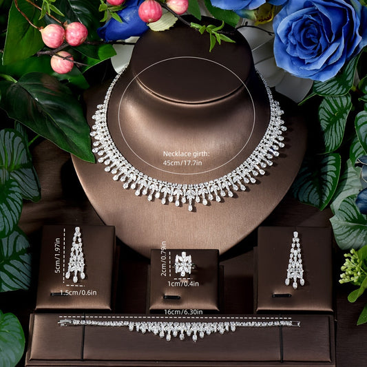 A stunning bridal jewelry set featuring platinum-plated zirconia copper, with an elegant glitter style necklace, earrings, and bracelet perfect for weddings and parties.