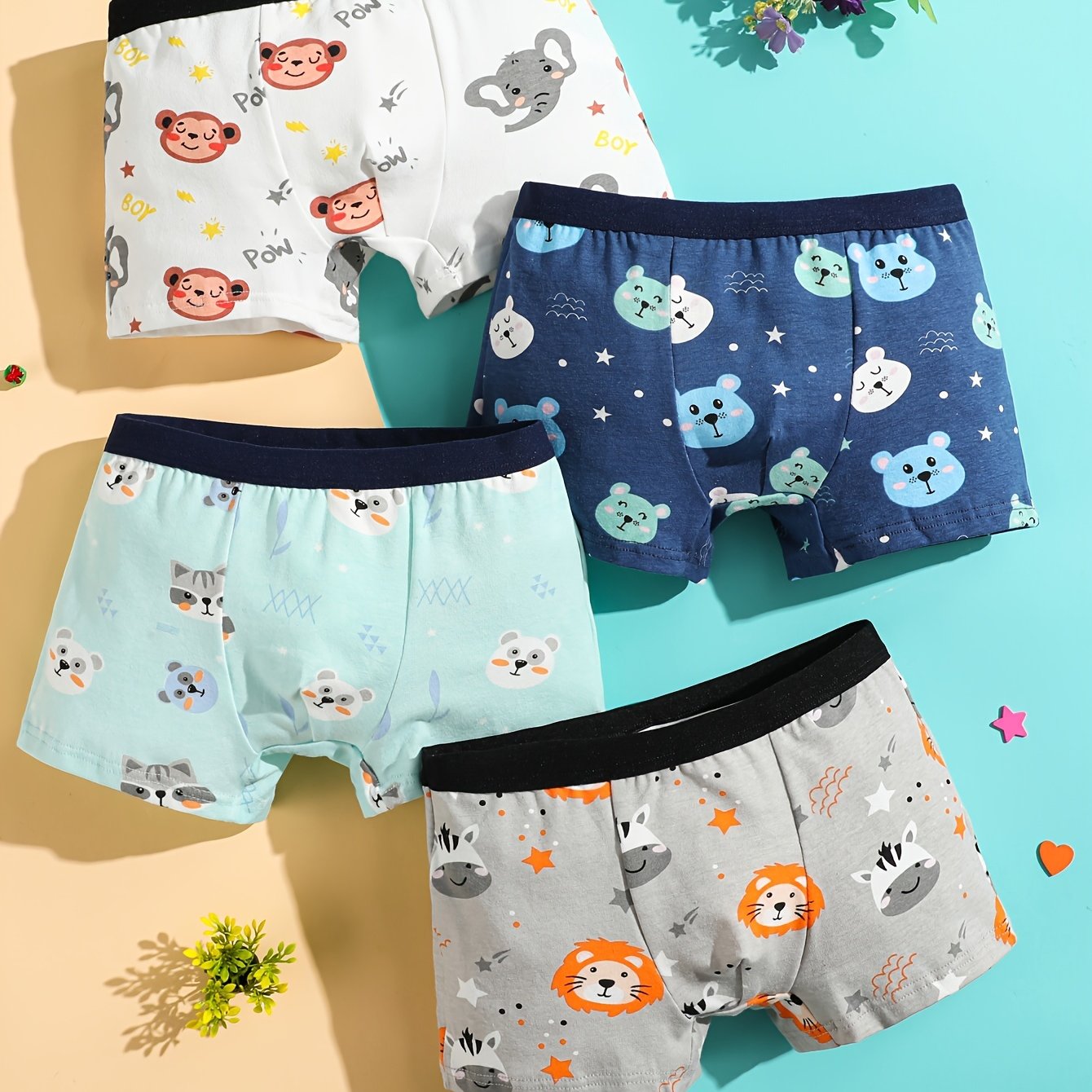 4 soft cotton boxer briefs for boys with cute animal print - comfortable and breathable underwear for kids