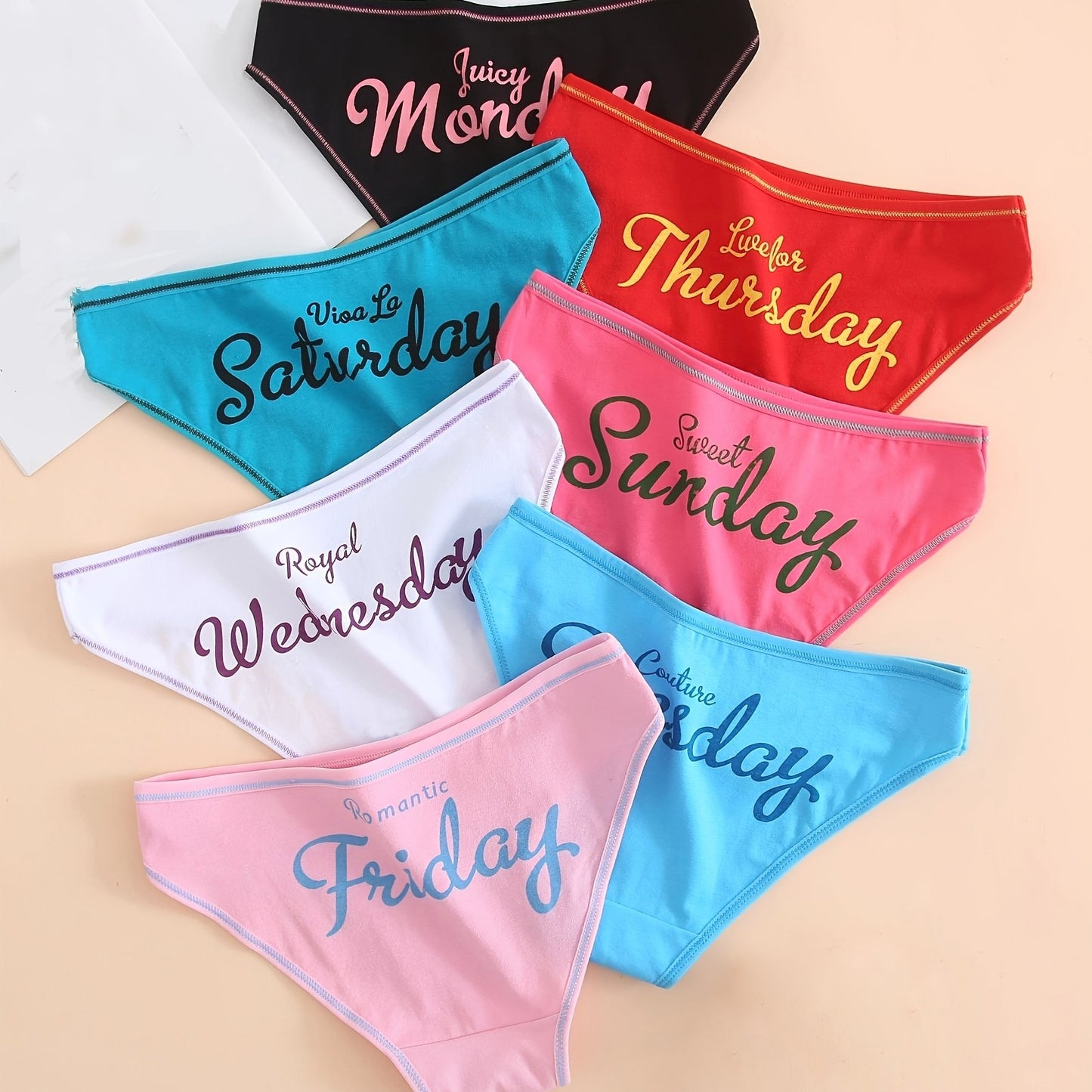 One week's supply of women's mixed color panties in a 7 pack.