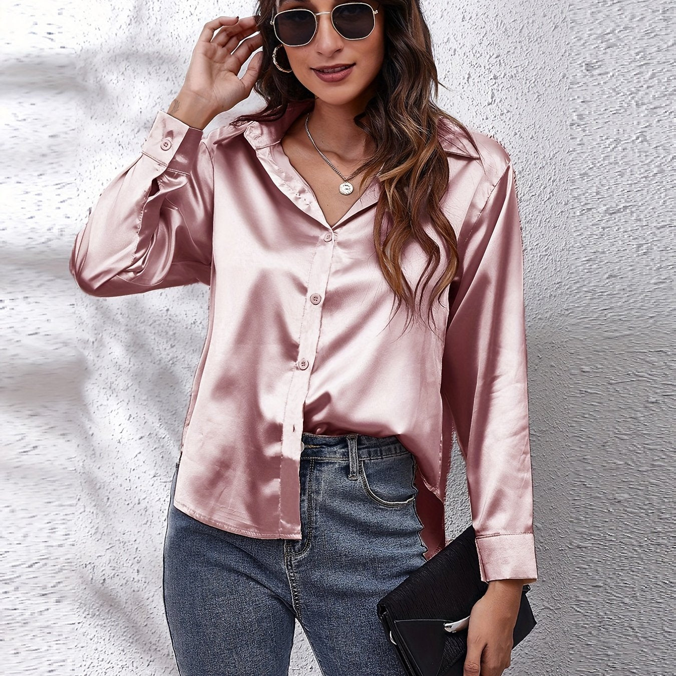 Women's Elegant Satin Shirt with Lapel Collar, Polyester, Solid Color, Regular Length, Single Breasted