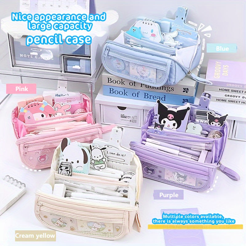 1 piece SANRIO 9-Layer Large-Capacity Multi-Functional Pen Case made of Oxford Cloth featuring Kulomi & Melody Cute Cartoon Style, ideal for organizing student stationery. Waterproof and