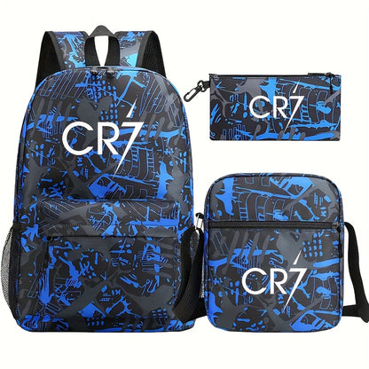 CR7 Star Print Polyester Backpack Set includes 3 pieces: backpack, crossbody bag, and pencil case. Casual style, durable, lightweight, with zipper closure. Hand washable. Made of durable