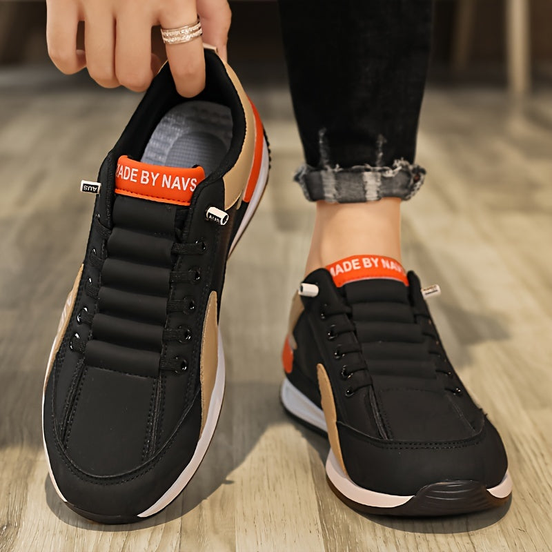 Men's fashion sneakers with thick sole, breathable lining, durable materials, and designer style.