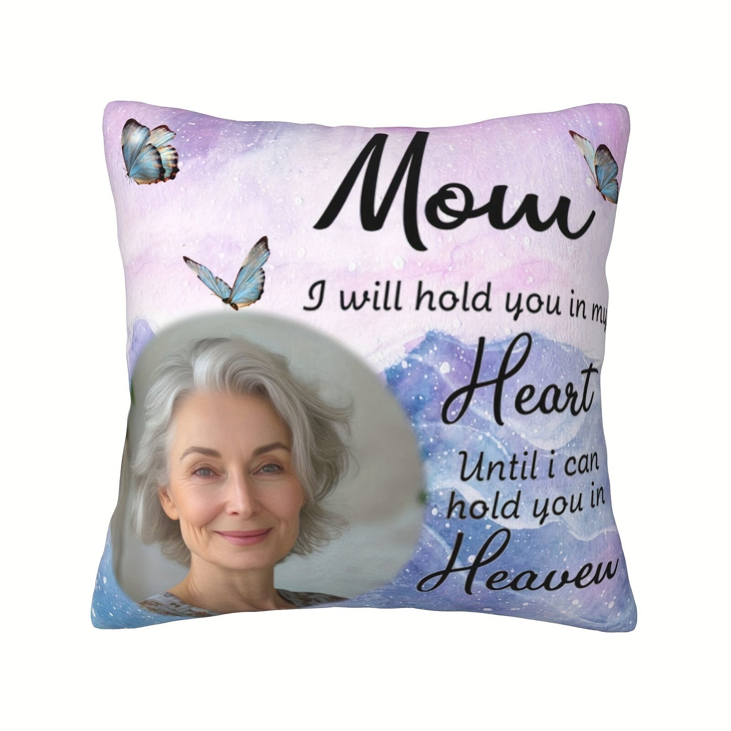 Personalized Polyester Pillowcase featuring a Custom Photo and Loving Message - Suitable for Ages 14 and Up, Includes 1 Plush Pillow Cover, Heartfelt Design with the Quote "Mom I Will Hold You in My Heart Until I Can Hold You in Heaven", Made of