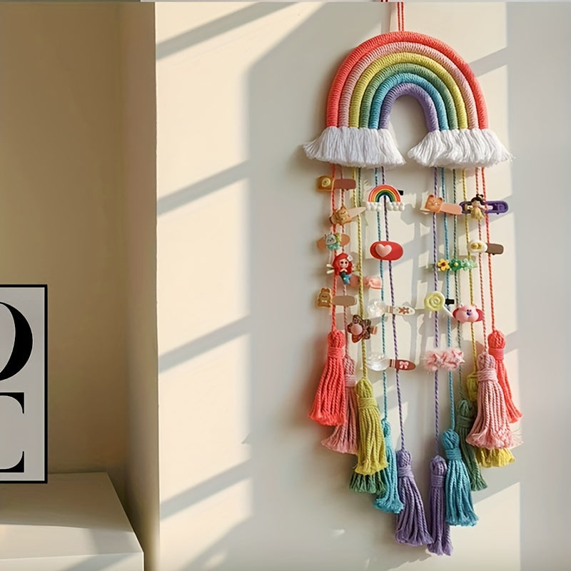 Handcrafted Lace Wall Hanging in Bohemian Rainbow Design with Bow and Tassel - Pink and Red. Ideal for Decorating Home, Classroom, Dorm, or Shower Party.