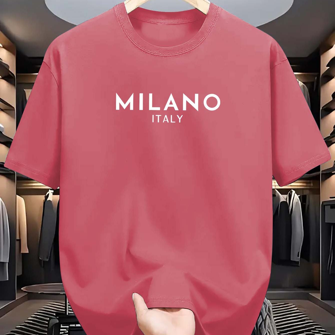 Men's Milano Italy Print T-Shirt, Casual Crew Neck Tee with Polyester Knit Fabric, Summer Short Sleeve Top with Stretch, Fashionable Regular Fit for Adults.