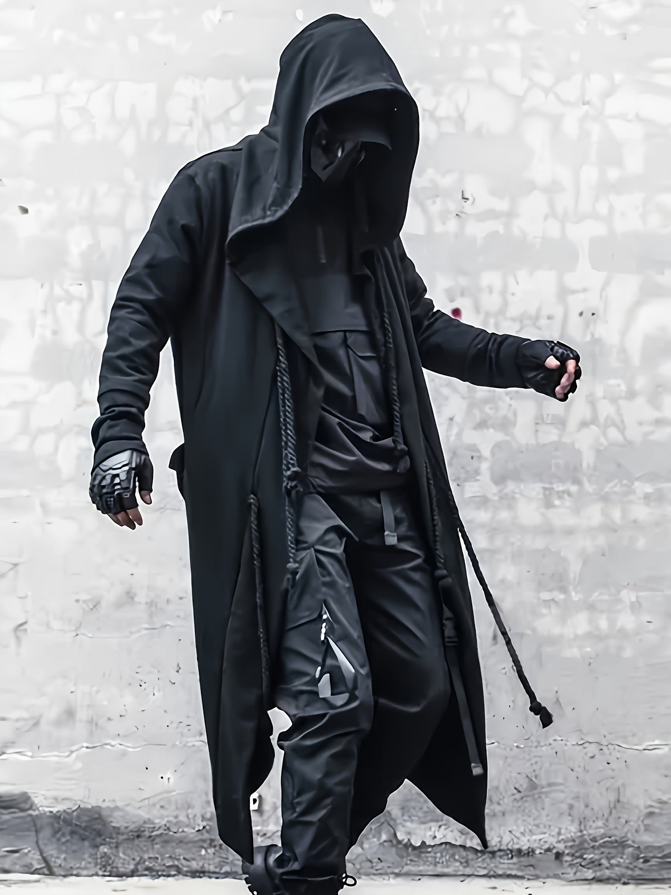 Men's black long shirt cape with hood and rope decoration, stylish streetwear with minimalist design, breathable and skin-friendly.