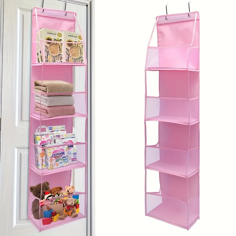 A fabric organizer in pink, designed to be mounted on a door and featuring four pockets. This versatile storage rack can be used in wardrobes, bathrooms, bedrooms, or dormitories. It includes a transparent window and a reinforced rack, along with two