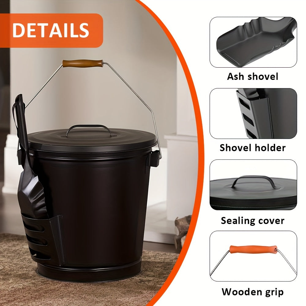 Large Metal Ash Pan with Lid and Shovel - 5.15 Gallon Capacity, Galvanized Steel Construction - Ideal for Fireplaces, Fire Pits, and Wood Stoves - Black Finish - Measures 19.5 Liters