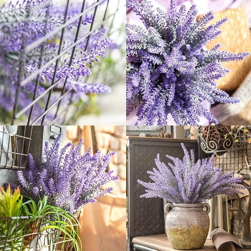 4 bundles of artificial lavender faux plastic purple flowers for indoor and outdoor home decor.