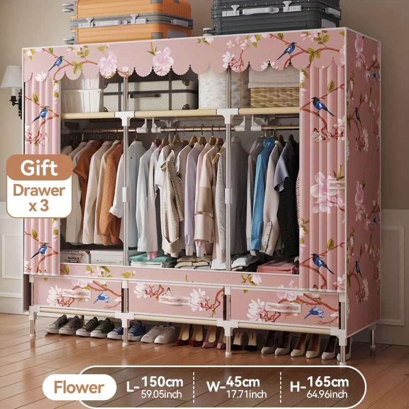 Beautiful Pink Floral and Bird Pattern Wardrobe - Simple to Assemble, Stylish Cloth Storage Closet with Cover to Keep Dust Away, Sturdy Metal Frame for Bedroom or Rental Space, Convenient and Portable Closet Organizer