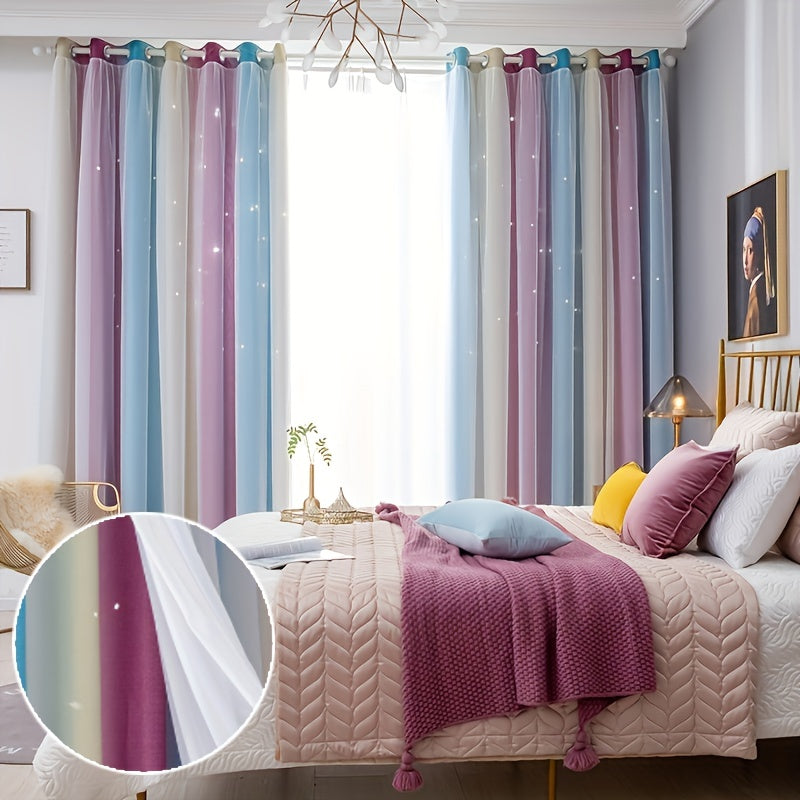 This double-layered grommet top curtain features a rainbow hollow-out star pattern, perfect for adding a whimsical touch to your nursery, bedroom, or living room. Enhance your home decor with this charming panel curtain.