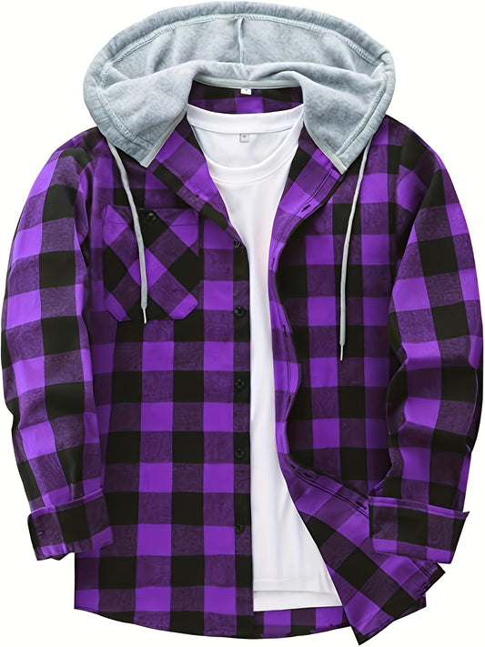 Men's plaid hooded shirt in polyester blend (70% Polyester, 30% Rayon) with non-stretch fabric, loose fit, button details. Great for spring/fall, can be layered under a jacket or worn as a