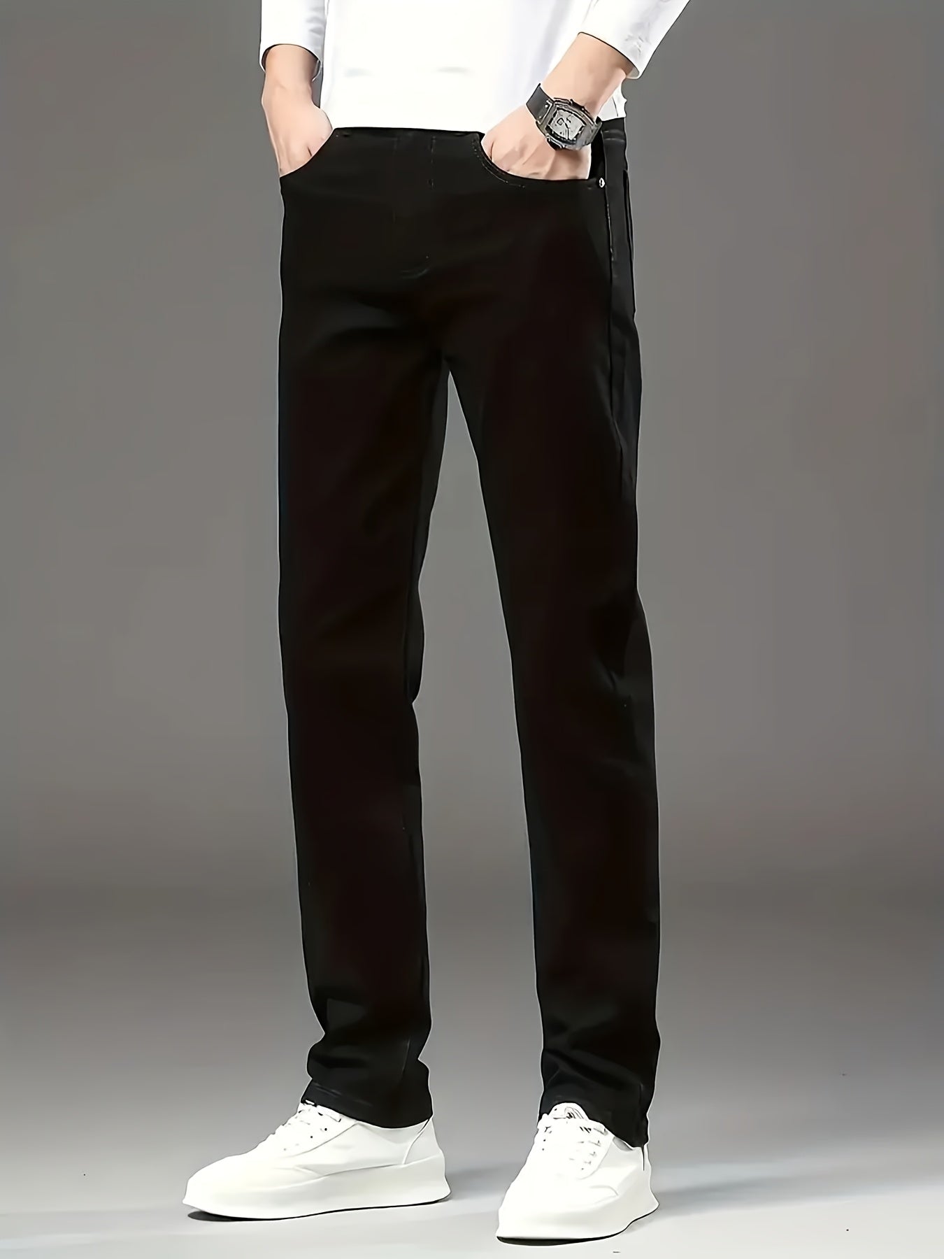 Stretchy straight-leg black jeans for plus-size men, suitable for all seasons, versatile and comfortable for business