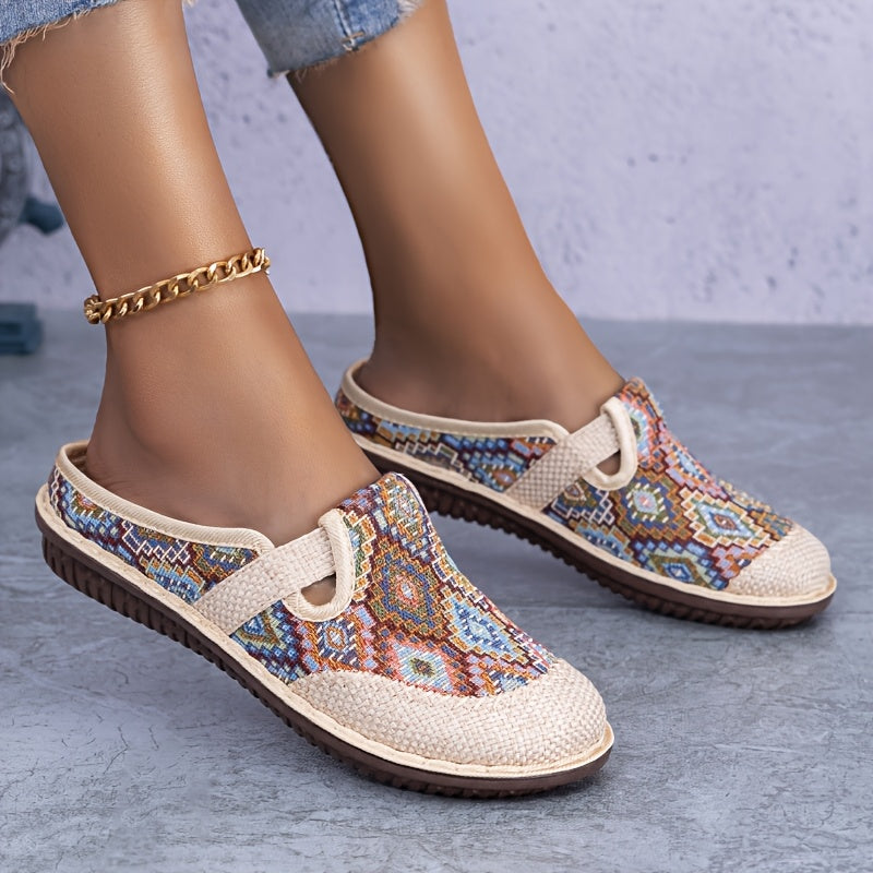 Stylish geometric print mules with embroidered details, closed toe, and non-slip sole for comfortable daily wear.