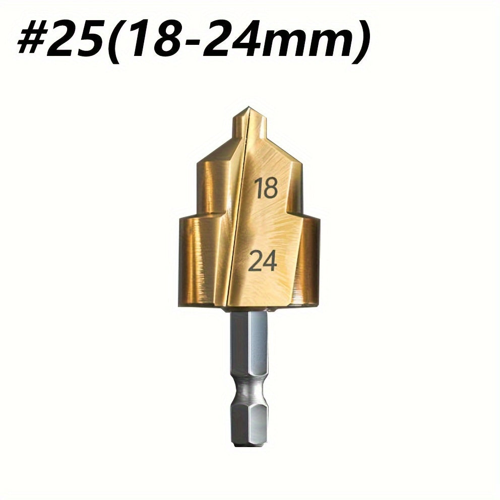 Hexagonal handle reaming drill bit for plastic water pipes. Converts small diameter pipes into larger ones. Ideal for connecting plastic pipes in home improvement projects.