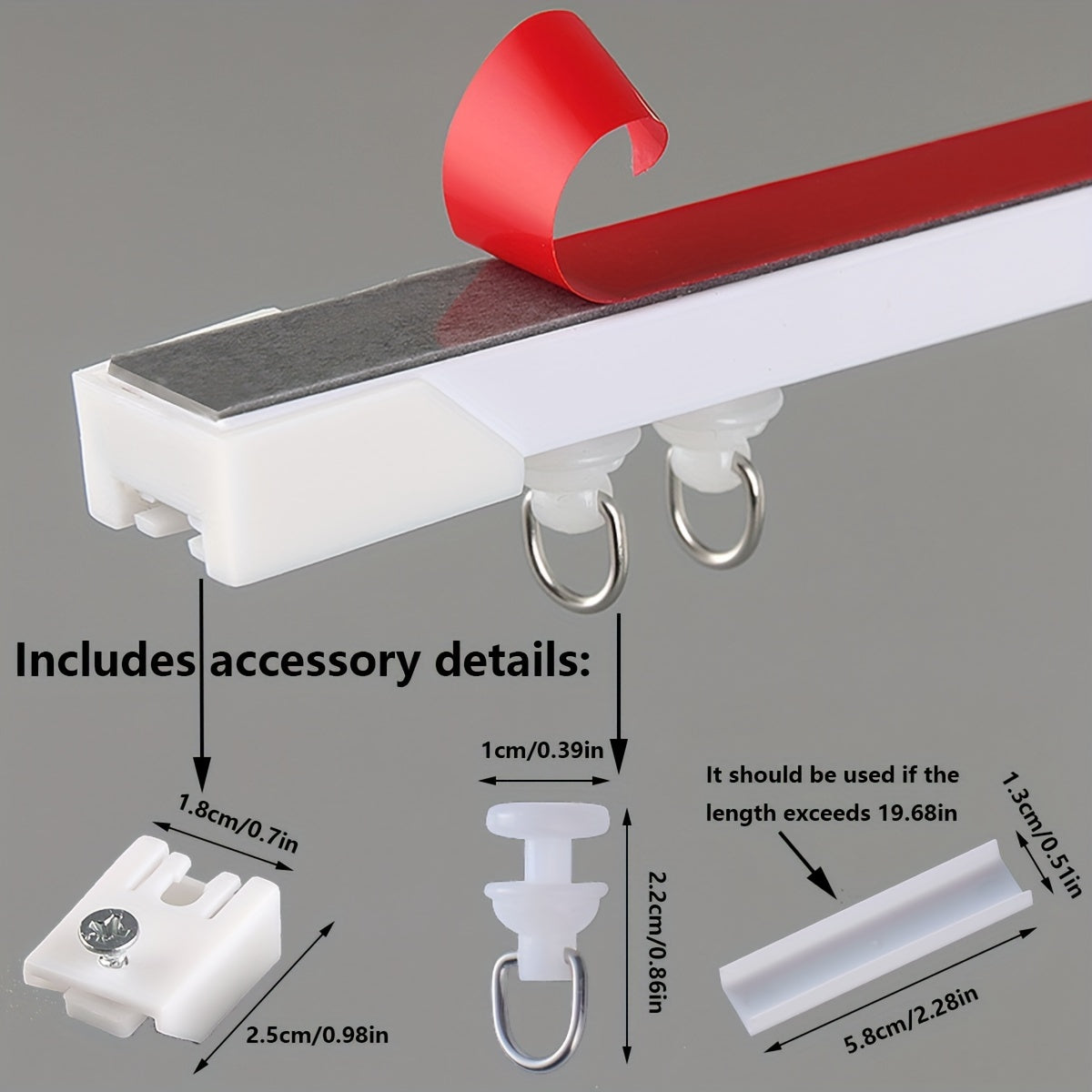 Drill-free curtain track with strong adhesive and silent sliding for bathrooms and dorms.