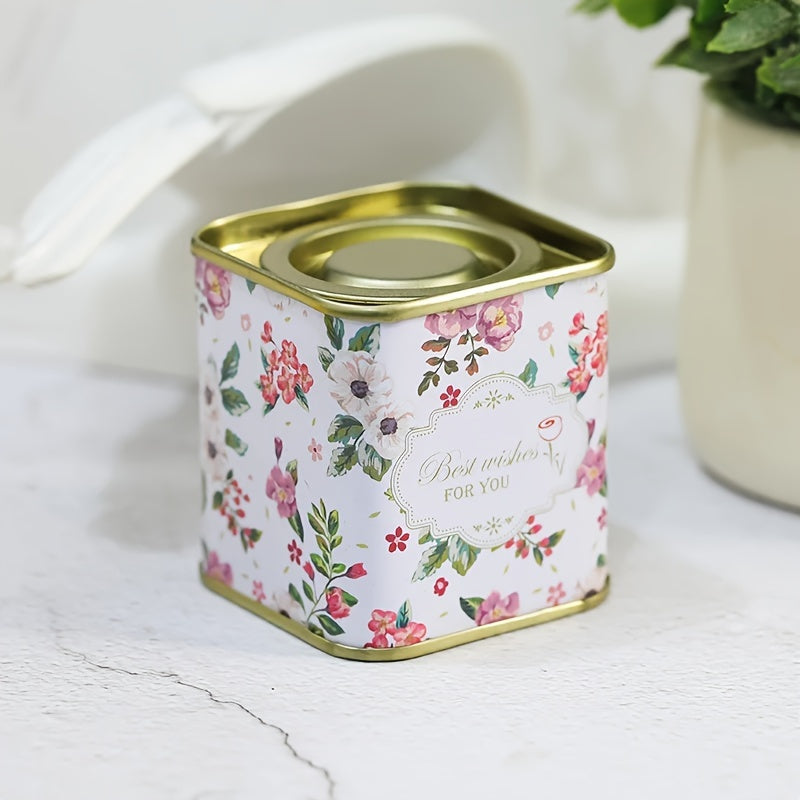 Decorative Floral Tea Storage Tin with Airtight Lid - Metal Canister for Sealing Tea Leaves, Safe for Food Contact, Square Tea Chest