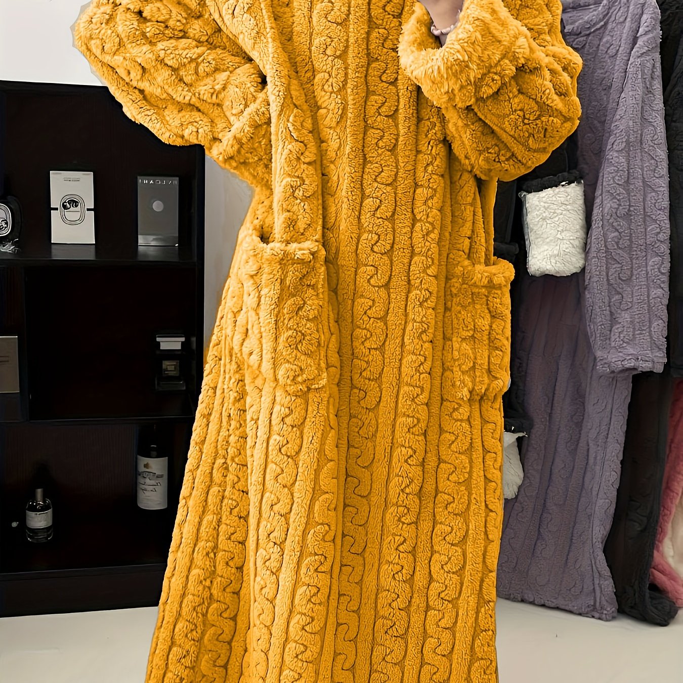 Women's fleece-lined long sleeve nightgown with cable knit texture - ideal for Fall/Winter.