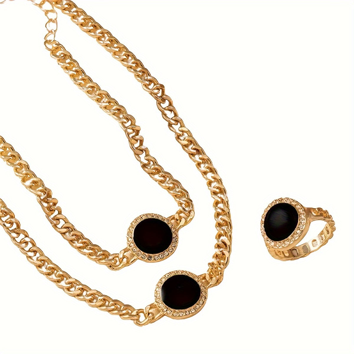 A collection of sleek and stylish black circular jewelry, including a necklace, ring, bracelet, and matching three-piece set.