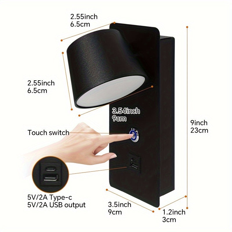 QANSH Dimmable LED Wall Lamp with Swing Arm, Adjustable Color Temperature, Touch Control, Lacquered Finish Metal, USB Port, Indoor Hardwired Room Lighting - Black/White