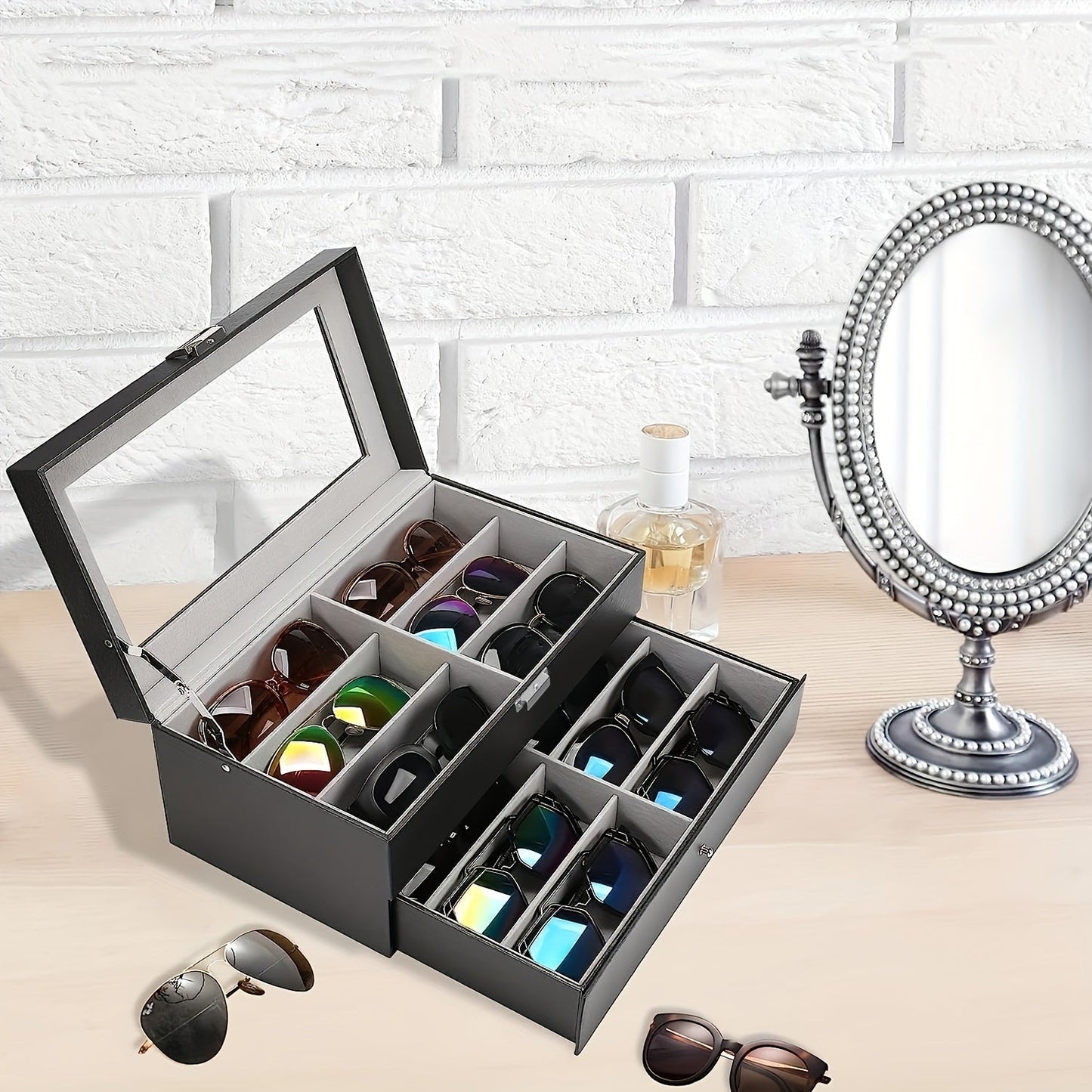 Elegant Gray Faux Leather Eyeglasses Organizer - 12-Slot Storage Case for Stylish Men and Women