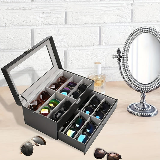 Elegant Gray Faux Leather Eyeglasses Organizer - 12-Slot Storage Case for Stylish Men and Women