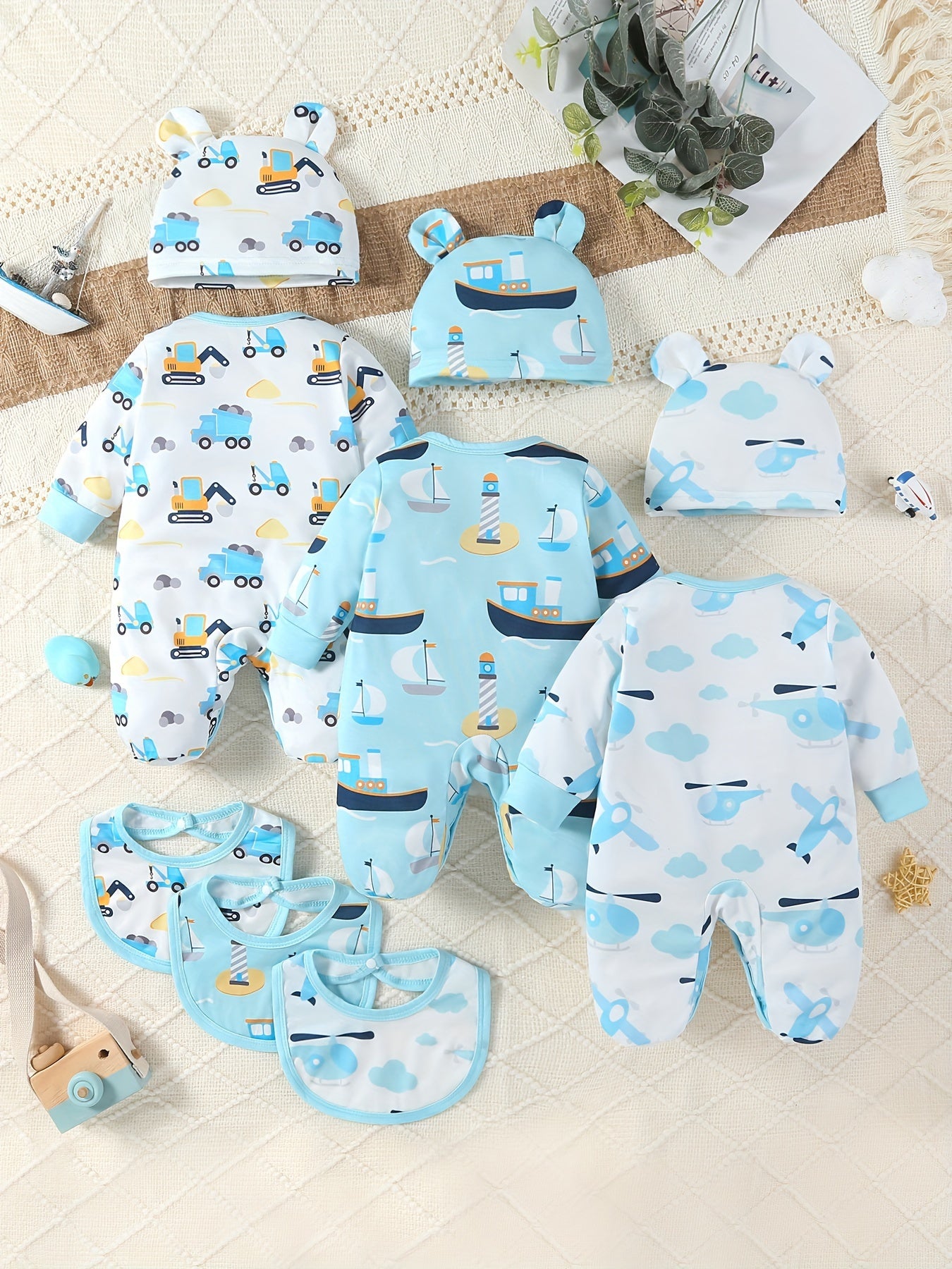 SHIXUANBAOBEI 9pcs newborn long sleeve wrap bodysuit featuring printed cartoon designs. Includes bunny hat and drooling towel. Soft and comfortable, perfect as a gift for every baby. Ideal