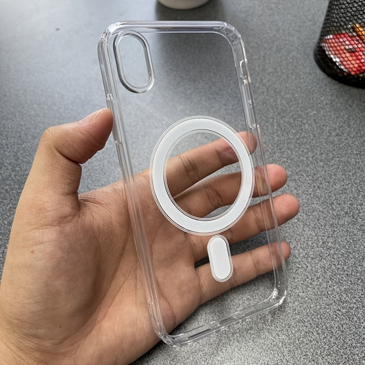 Clear magnetic phone case compatible with Apple iPhone X to 16 Series, with hard back and soft edges that won't interfere with screen protector.