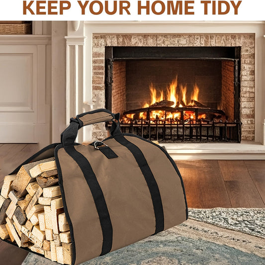 Canvas log carrier bag, ideal for transporting firewood and accessories for fireplace or stove. Features extra-large capacity, durable wood tote design, and heavy-duty canvas construction. Includes handles and security strap for easy carrying. Perfect