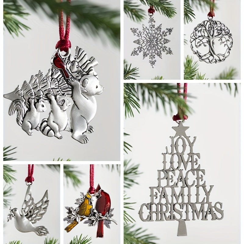 Festive metal Christmas tree ornament featuring bear, peace dove, and mandarin duck designs with letter and snowflake details - ideal for holiday decorating and home décor.