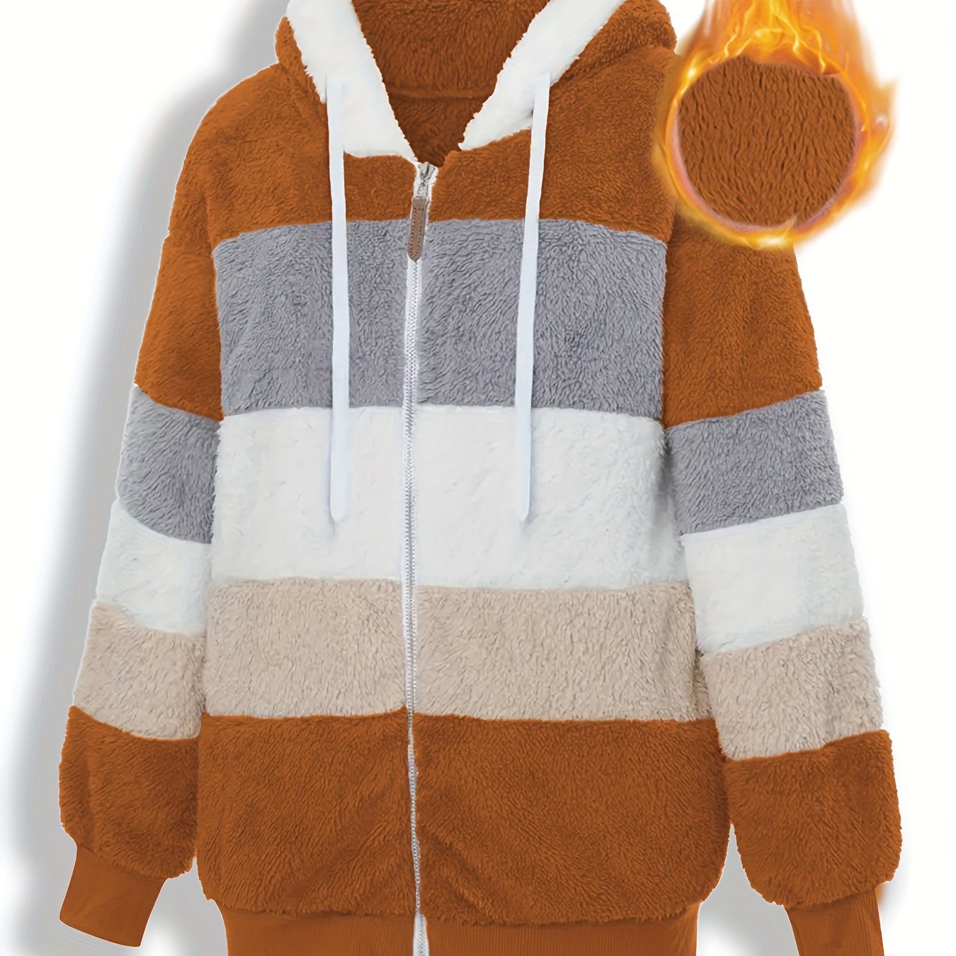 Women's plus size striped fuzzy hooded coat for fall & winter, casual & warm with zipper.