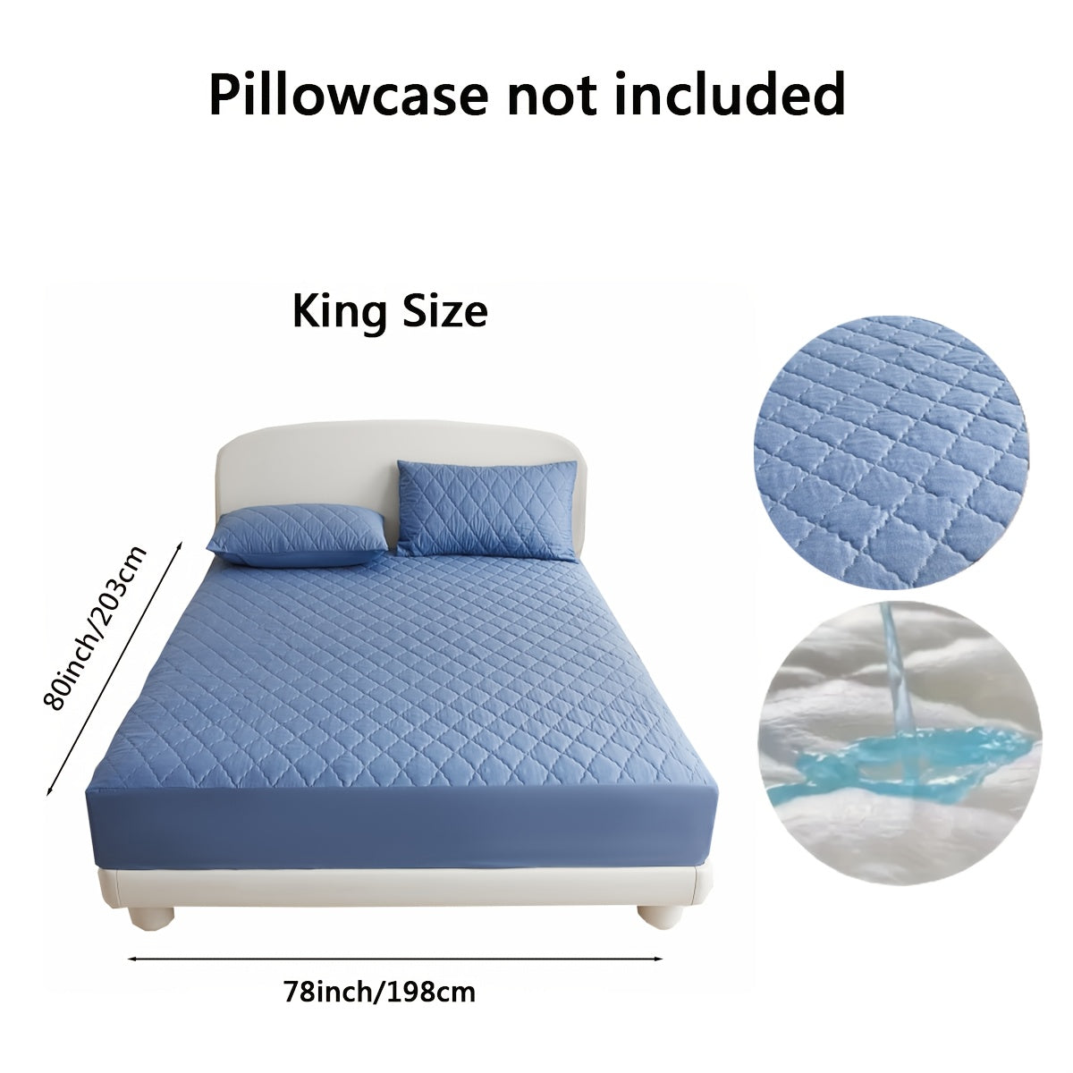 Diamond quilted waterproof bed sheet protector made of 100% woven polyester. Machine washable and available in multiple sizes (pillow shams not included).