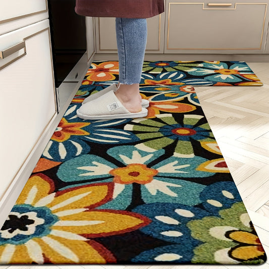 Two pieces of flower pattern kitchen rugs and mats are available. They are thickened, non-slip, and machine washable. These absorbent floor mats are made of top quality polyester soft carpet, making them family and pet friendly. They are suitable for use