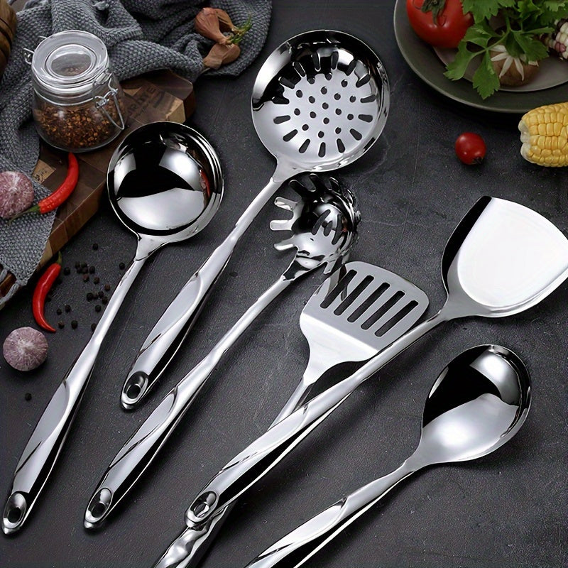 Kitchen Utensil Set made of 6 pieces of Stainless Steel - Shiny and long-lasting cooking tools such as Spatula, Ladle, Slotted, and Serving Spoons - Perfect for Non-Stick Cookware