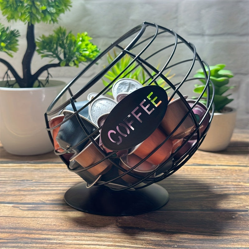 Iron coffee capsule holder with a slanted design for displaying in homes, bars, and cafes - one-of-a-kind pod basket.