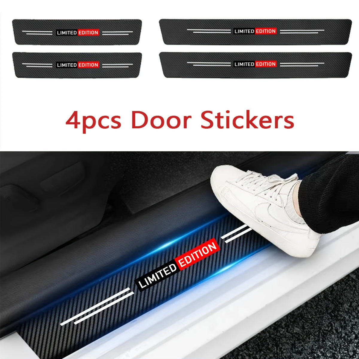 Carbon fiber protective stickers for car doors and trunk sills, suitable for multiple car brands.