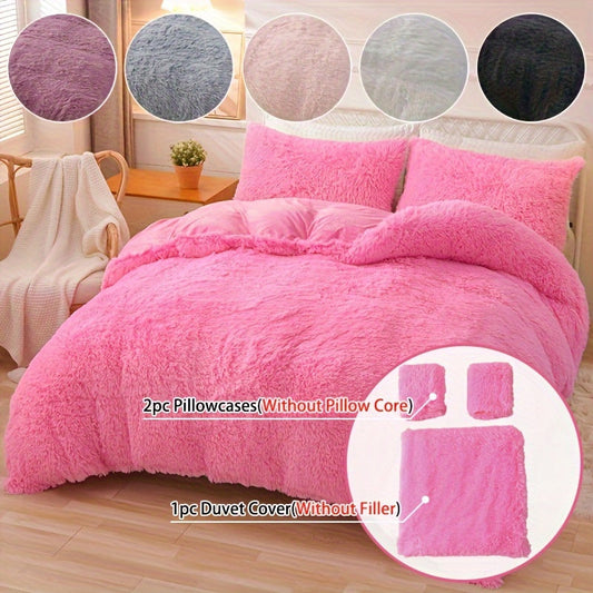 3-qismli Plush Bir rangli Duvet Qopqog'i To'plami, Kuz va Qish yotoq uchun mukammal. Yotoqxonangiz yoki mehmonxonangiz uchun yumshoq, qulay issiqlik ta'minlaydi. 1 Duvet Qopqog'i va 2 Yostiq Qopqog'ini o'z ichiga oladi. Duvet yadro kiritilmagan.