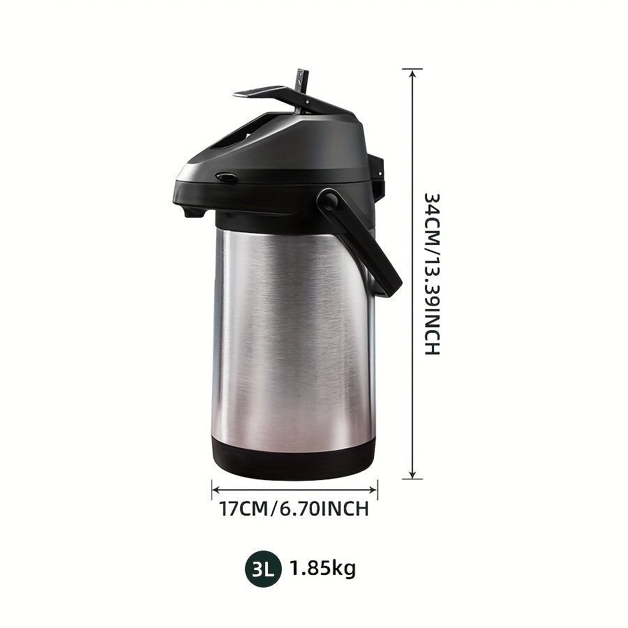 3L Stainless Steel Thermal Carafe, Pump Action Airpot, Insulated Beverage Dispenser for Coffee/Tea, Large Capacity, No Electricity Needed for Home or Outdoor Use.