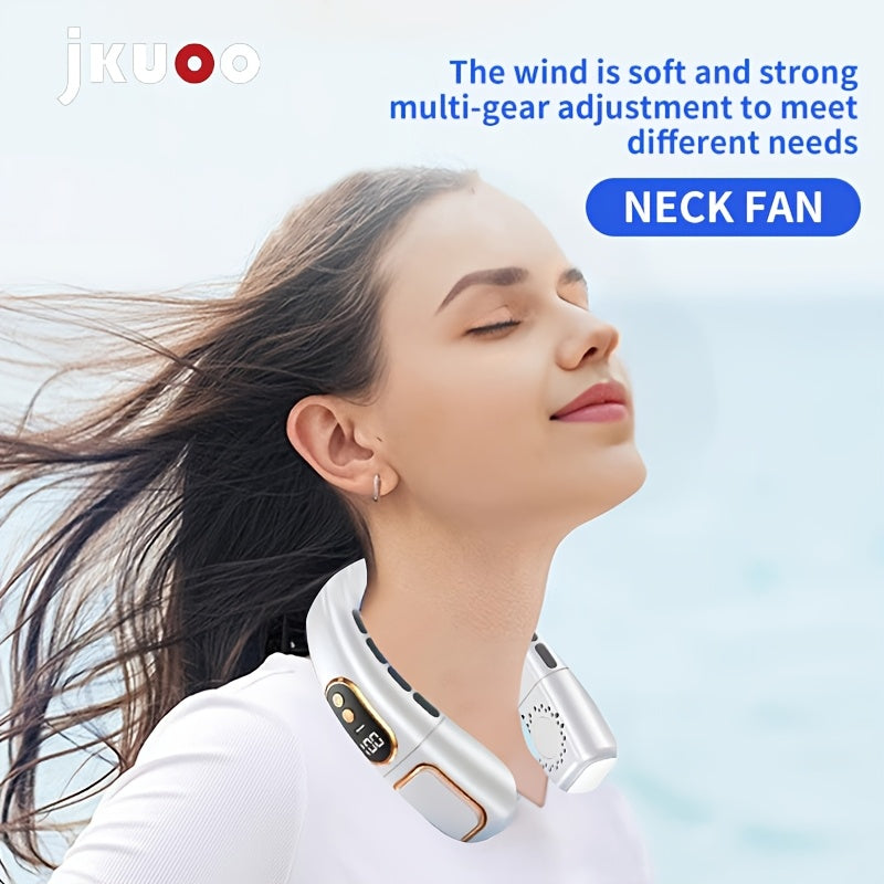 Stay cool on the go with the JKUOO Portable Neck Fan featuring 5 speed settings and 360° cooling capabilities. This fan comes equipped with a 1200mAh rechargeable lithium battery, LED light and screen display, USB charging capabilities, and easy button