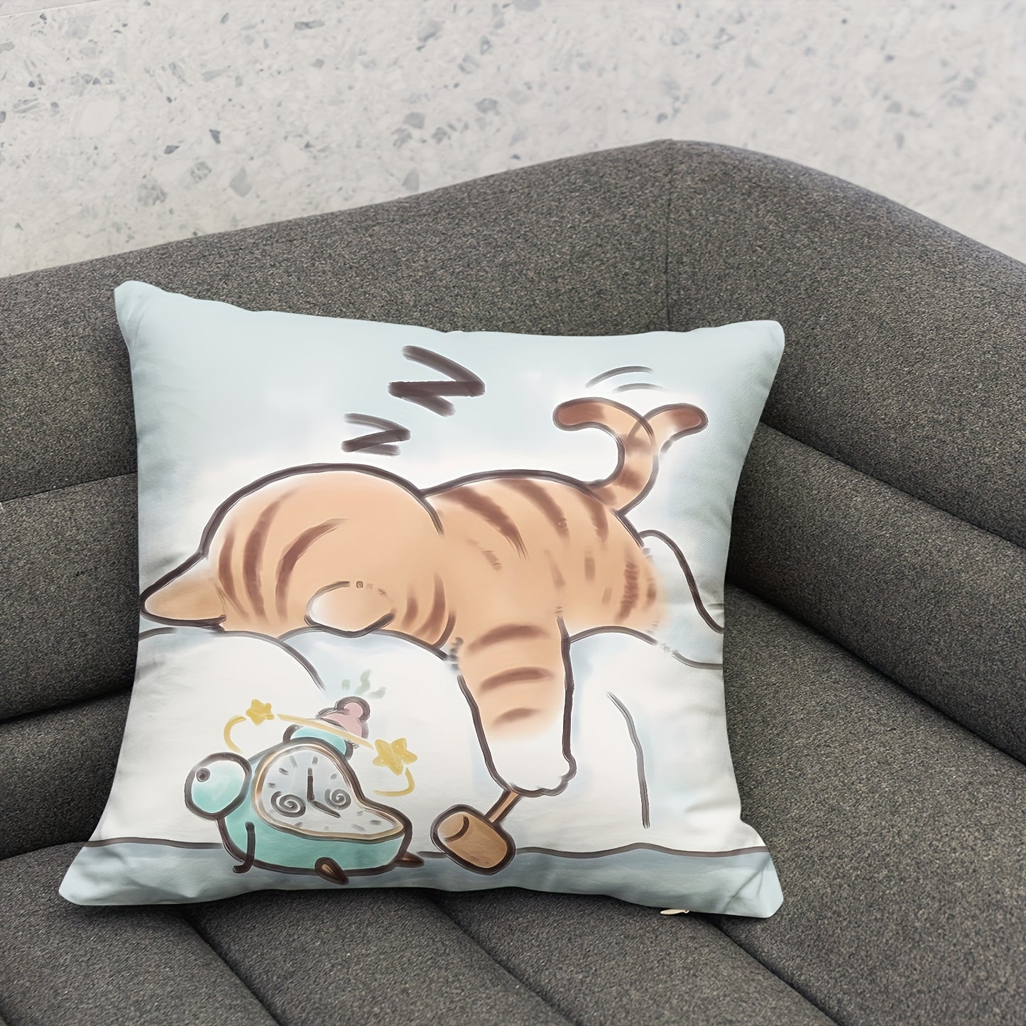 Cute cartoon cat plush pillowcase with zipper, single-sided print. Perfect for home decoration. Size: 45.72×45.72 cm. Pillow core not included.