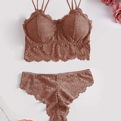 Stylish and sexy sunflower suspender lace underwear set for women, no steel ring, monochrome design.