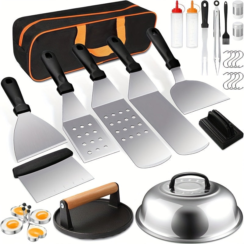 Outdoor BBQ Grill Accessories Set with 29 Pieces for Blackstone & Camp Chef Griddles. Includes Flat Top Grill Tools, Barbecue Utensils, Spatulas, Scraper, Tongs, Bottles, Egg Rings, and more. Perfect for gifting or enhancing your grilling experience. A