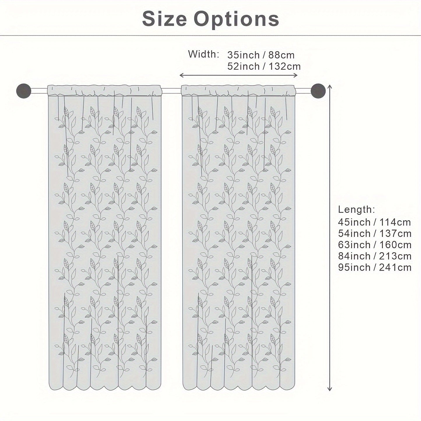 Two pieces of garden-style sheer curtains with an embroidered leaf pattern, featuring a rod pocket design. Made of polyester, these drapes are perfect for bedrooms, living rooms, and kitchens. They are machine washable and suitable for all seasons