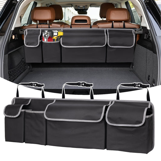 Car seat back organizer with large capacity, multiple pockets, polyester fiber material, vehicle storage solution.