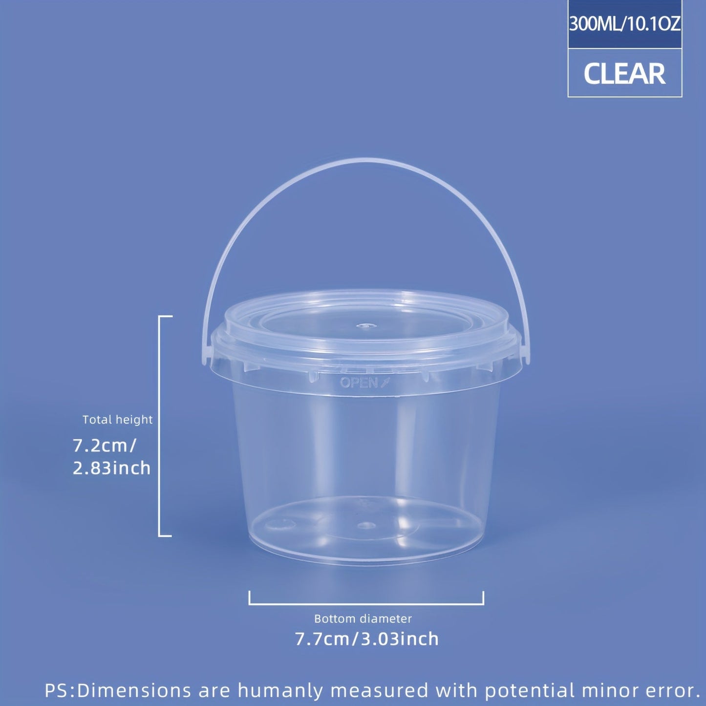 12-piece set of clear round PP Plastic Food Storage Containers with handles, ranging from 300ml to 1000ml in capacity. These containers are durable, resistant to high temperatures, odor-free, and safe for use in the microwave and freezer. They are also