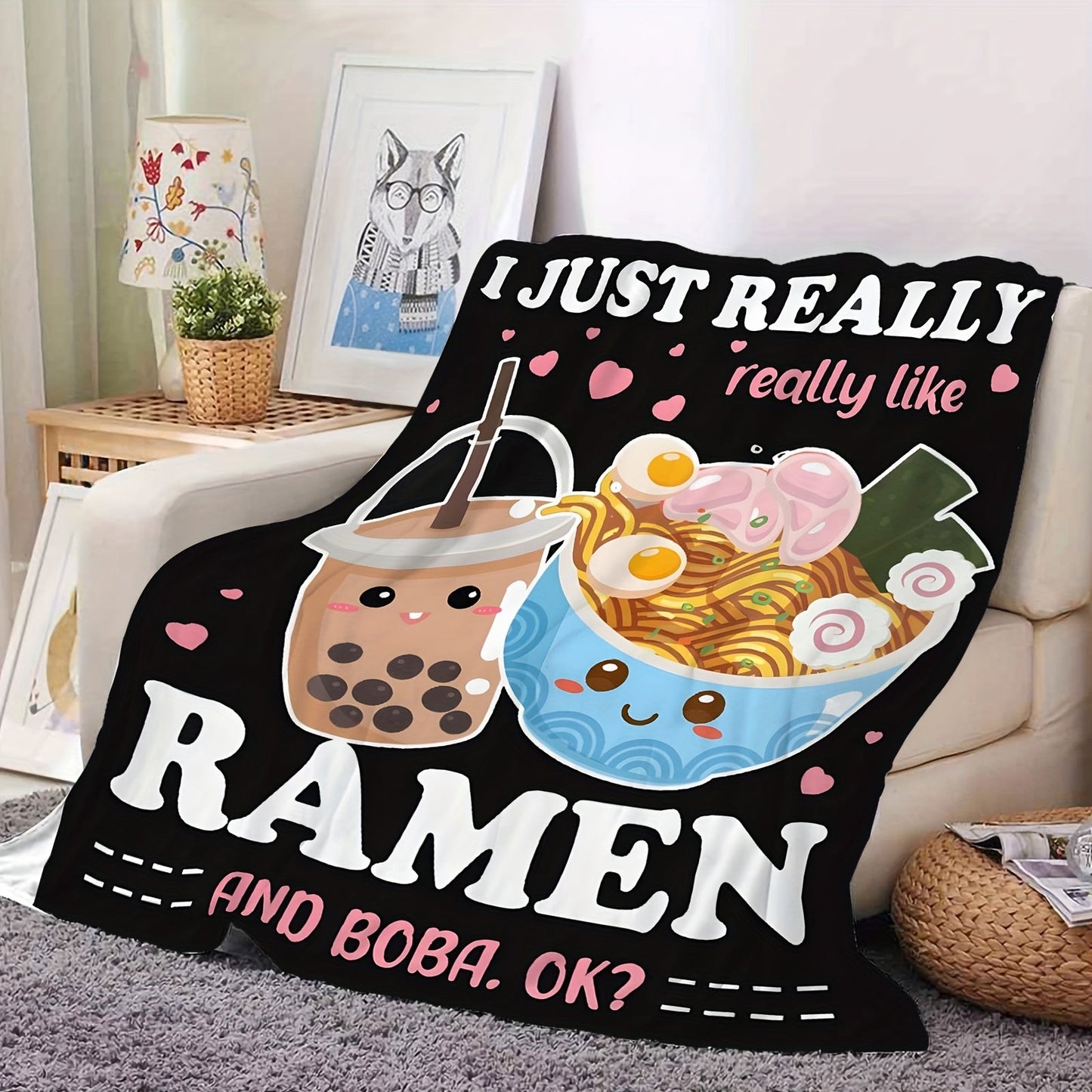 One Ramen and Boba themed blanket perfect for staying cozy in any setting. Use it as a throw blanket, air conditioning blanket, gift blanket, or nap blanket for your couch, sofa, office, bed, camping, or travel. This multi-purpose blanket is suitable for